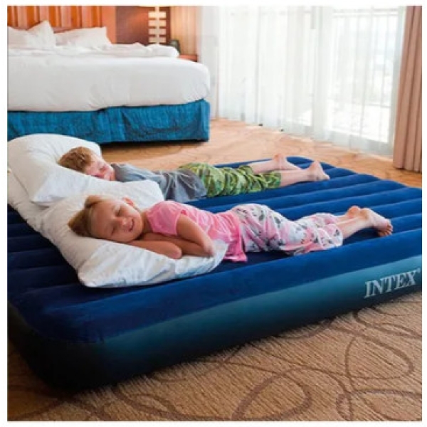 سرير هوائي قابل للنفخ انتكس ديورابيم كلاسيكي ناعم مع مضخه مدمجه 137×191×25 سم اسود وازرق