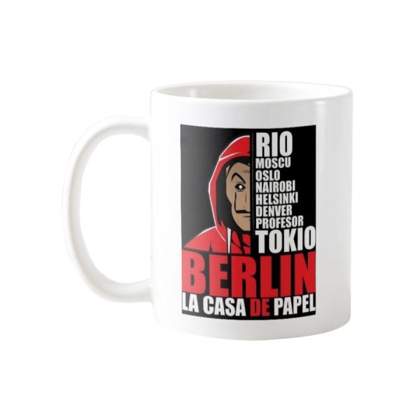 قدح قهوه مطبوع بتصميم شخصيه برلين في مسلسل La Casa De Papel ابيض 11اوقيه 