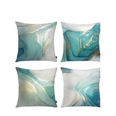 Throw Pillow Covers, Marble Texture Turquoise and Gold Silver Decorative Case Set of 4, Luxury Abstract Fluid Art Ink Soft Velvet Square Cushion Covers for Bed Sofa Home Decor 