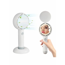 Portable Handheld Fan, Mini Handheld Small Fan with LED Light Makeup Mirror, USB Rechargeable Battery Operated Hand Fan 3 Speeds Adjustable Desk Fan with Base for Women Man Home Office Outdoor Travel 