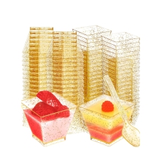 Mini Glitter Dessert Cups, Disposable Square Plastic Cake Cups with Spoons Set for Parties Birthday Dinner Party 60ml Small Quartet of Tasting 100pcs (50 + 50 Spoons) 