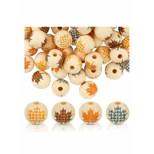 Wood Beads, 100 Pcs 16MM Natural Round Farmhouse Rustic Beads Heart Wooden Beads, Craft Natural Round Spacer Bead for DIY Crafts Jewelry Bracelet Making, for Home and Holiday Decor (Leaf Style) 