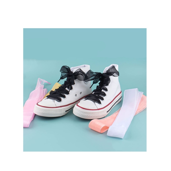Shoe Laces Fashion Satin Shoe Laces Soft Casual Transparent Organza Flat Ribbon Shoelaces for Women Girls Lady Sneaker Shoestrings, Snow Yarn Shoelace, 4-colored,4cm Wide 