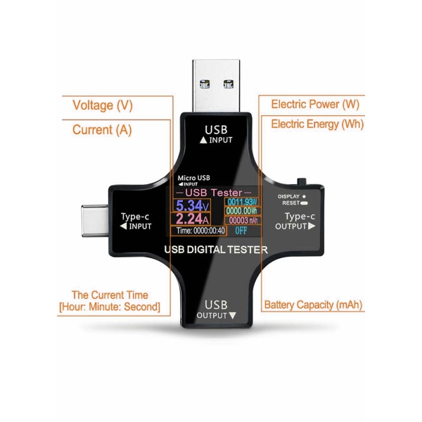 USB C Tester 2 in 1 Color Screen IPS Digital Multimeter Amperage Power Voltage Resistance Temperature Capacity Detector Charging Checker 