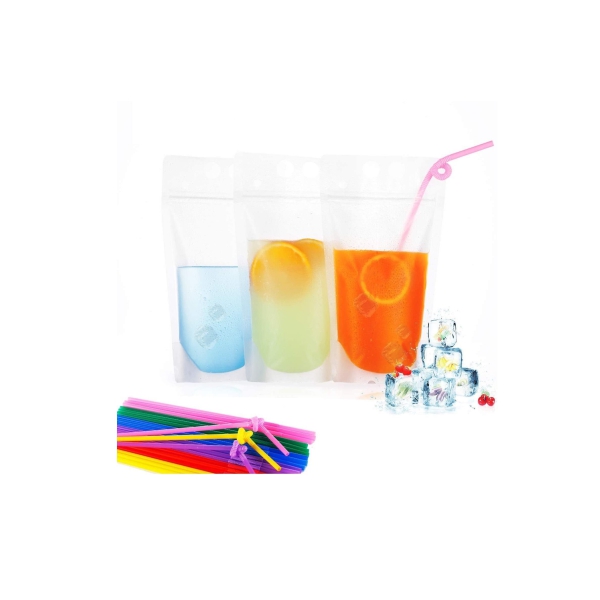 HassanOuld 100 pcs Disposable Drink Container Set - Reclosable Zipper Plastic Pouches Bags Drinking Bags with Colorful Straws (Transparent) 