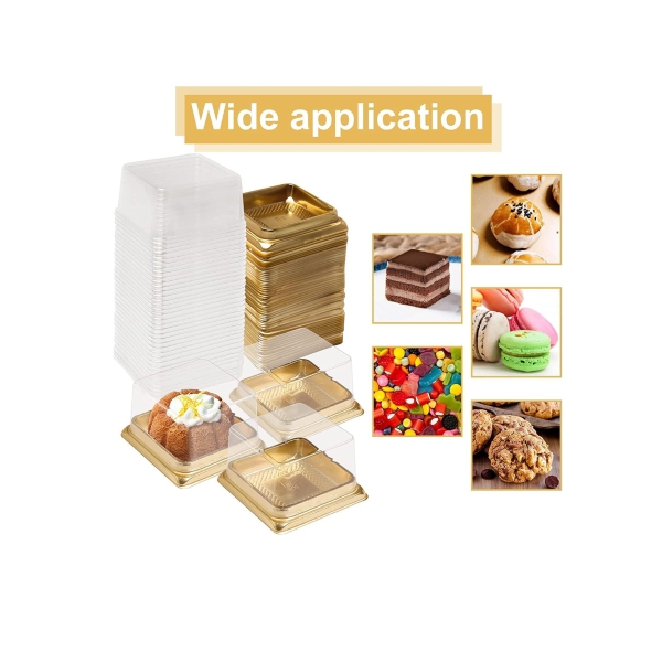 Cupcake Boxes, Mini Mooncake Box, 50Pack Individual Cake Boxes Container, Plastic Transparent Mooncake Box Cake Cookies Muffins Box, for Baby Shower Wedding Birthday Party Supplies (Gold Base) 