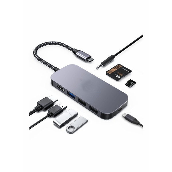 USB C Hub ، محول متعدد المنافذ 8 في 1 مع قارئ بطاقات SD TF 