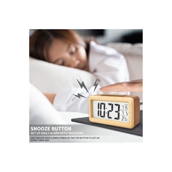 Wooden Digital Alarm Clock, SYOSI Large LED Display, 12 24 Hours Display, Smart Sensor Night Light, Date, Snooze and Temperature, Battery Operated, Bedside Alarm Clock for Bedroom, for Office 