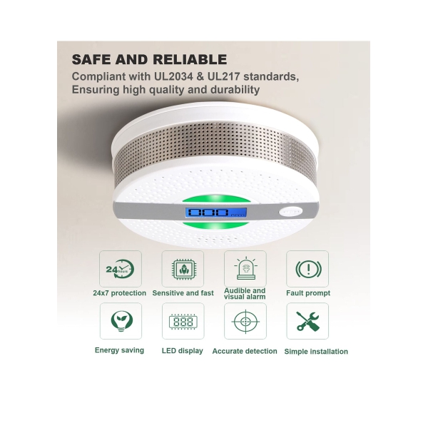 Carbon Monoxide Detector, CO Alarm with LCD Screen Battery Powered Dual Sensor Combination, Led Indicator, Loud Sound Alert 