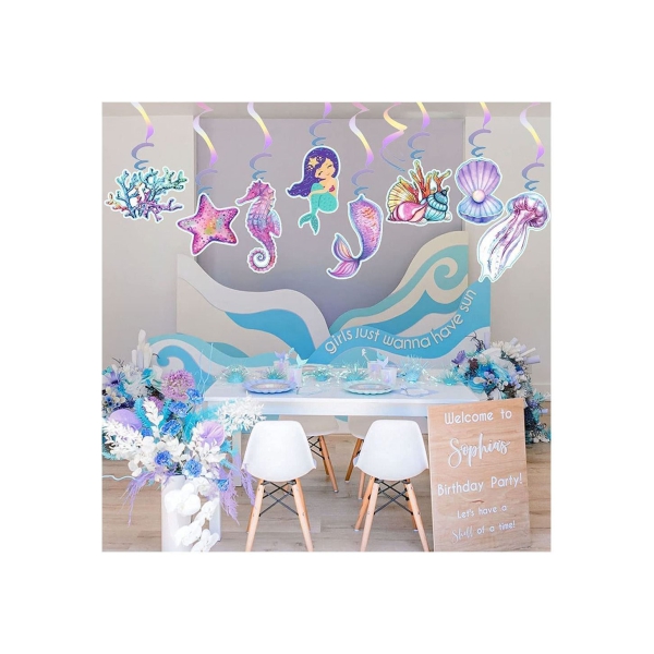Mermaid Hanging Swirl Decorations, 20 PCS Double Sided Print Mermaid Themed Foil Swirls Dangling Ceiling Streamers Wall Decals for Kids Girls Birthday Baby Shower Under the Sea Party Supplies 
