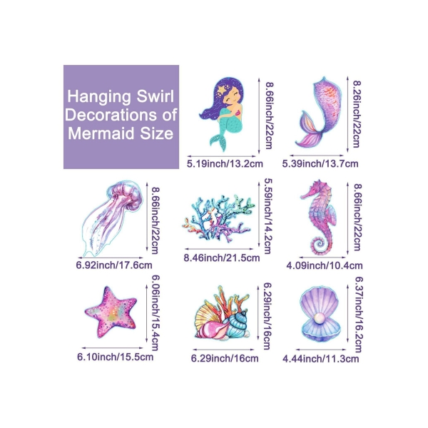 Mermaid Hanging Swirl Decorations, 20 PCS Double Sided Print Mermaid Themed Foil Swirls Dangling Ceiling Streamers Wall Decals for Kids Girls Birthday Baby Shower Under the Sea Party Supplies 