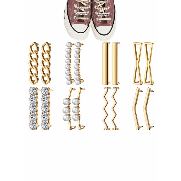 Shoelace Clips for Sneakers, 16 Pcs Shoelaces Clips, Decorations Charms with Faux Pearl Rhinestone Crystal Metal 