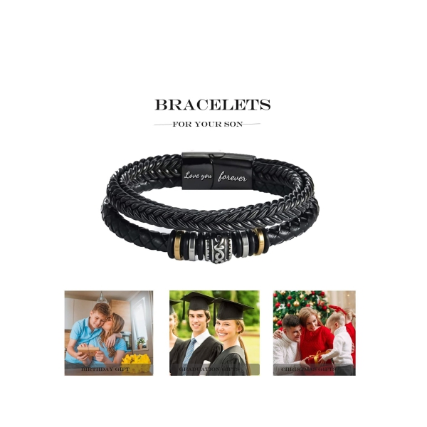To My Son To My Grandson Bracelet- I Will Always Be With You Braided Leather Bracelet for Men Boys, Stainless Steel Inspirational Wristband Gifts for Him 