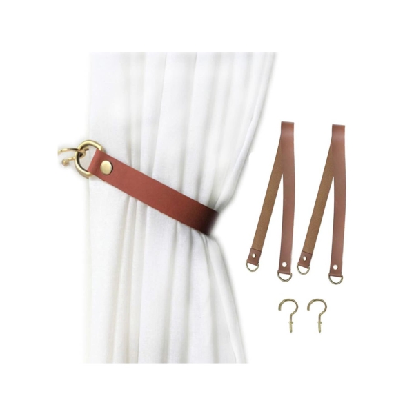 2 Pieces Leather Curtain Tie, Office Home Living Room Cafe Balcony Curtain Door Curtain Buckle Decoration, Detachable Hotel Curtain Lanyard (Red-Brown) 