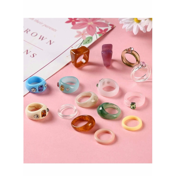 Trendy Rings, 15 Pcs Resin Ring Acrylic Cute, Colorful Rhinestone Jewelry Plastic Square Gem Stackable Chunky Ring for Women Girls, Party Elegant Handmade Gift 