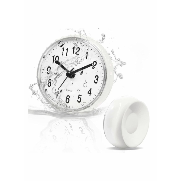 Waterproof Bathroom Shower Clock with Large Suction Cup - Silent, Water Proof, Battery Operated Clock for Toilet, Kitchen, Desk Wall (White) 