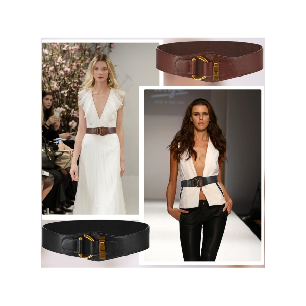 Women s Vintage Wide Belt Leather Stretchy Belt with Interlock Buckle Retro Cinch Belt Waist Belt for Women Dress 2 Pcs 