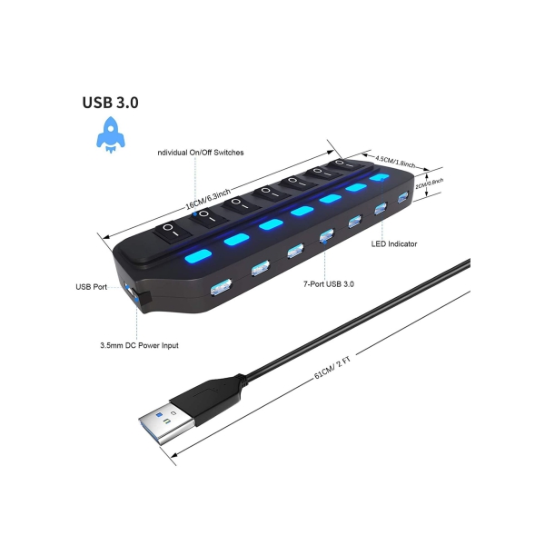 USB Hub 3.0 Splitter, 7 Port USB Data Hub with Individual On Off Switches and Lights for Laptop, PC, Computer, Mobile HDD, Flash Drive, PD Charging for Macbook and Other Type C Laptops 