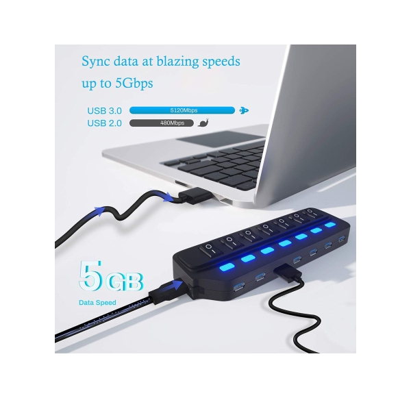 USB Hub 3.0 Splitter, 7 Port USB Data Hub with Individual On Off Switches and Lights for Laptop, PC, Computer, Mobile HDD, Flash Drive, PD Charging for Macbook and Other Type C Laptops 
