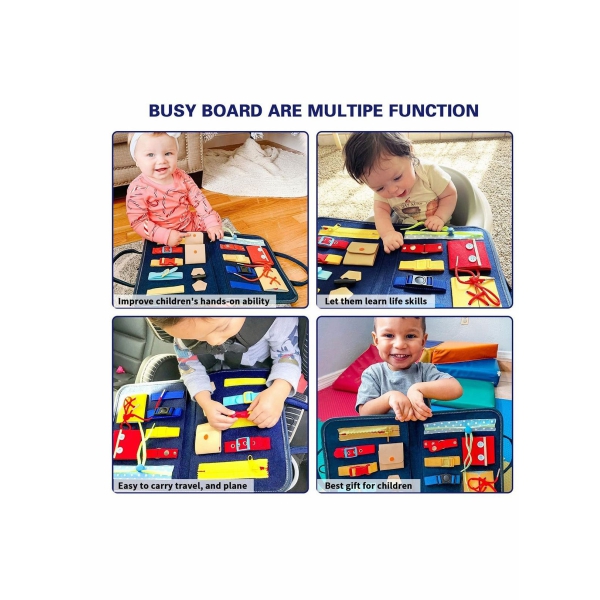 Toddler Busy Board, Montessori Toy Gifts for Fine Motor Skills Learn to Dress, Sensory Toy for Aeroplane or Car Travel 