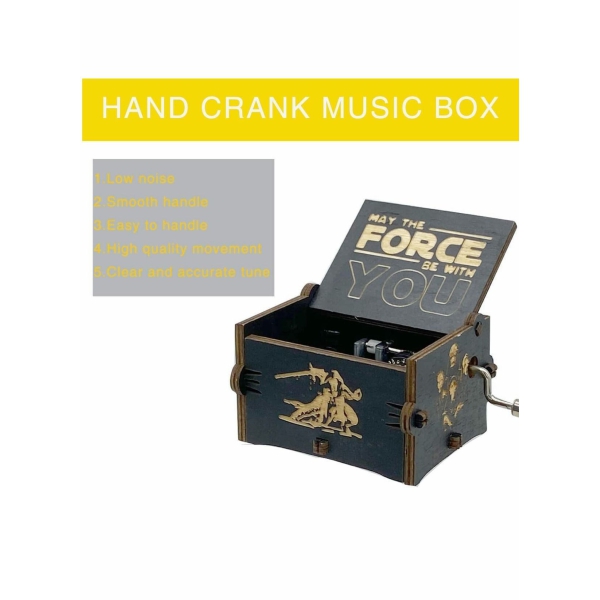 Star Wars Music Box, Wooden Hand Crank Unique Musical Boxes Theme Starwars, Mini Antique Vintage Craft Laser Engraved Home Decorations for Wedding, Valentines, Birthday Gifts, Vintage Wooden (Black) 