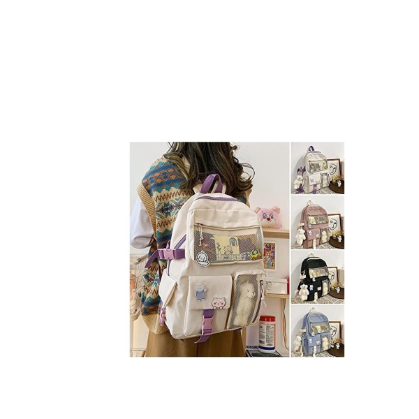 Student Kawaii Backpacks For Teen Girls, Kawaii Backpack with Kawaii Pin and Accessories, ( 1Bear pendant 3 badges 2 drawing paper ) 
