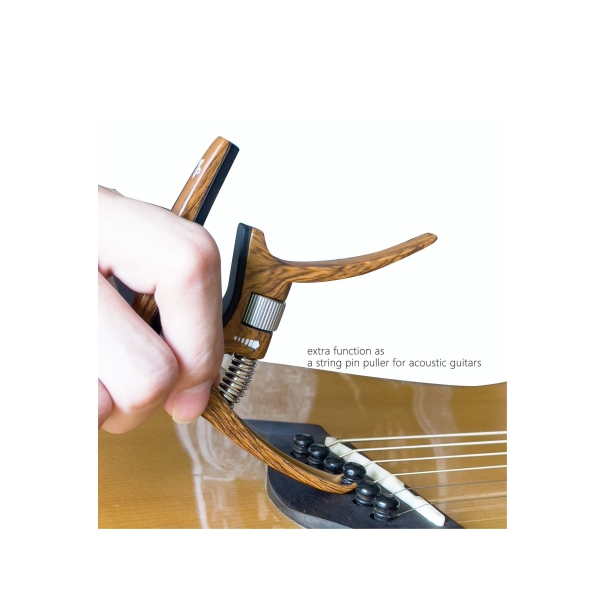 Professional Capo for Acoustic and Electric Guitars Tension Adjustable for Buzz-Free In-Tune Performance at Any Fret Extra Function as Strings Pin Puller Wood Grain Color Single Hand Use 