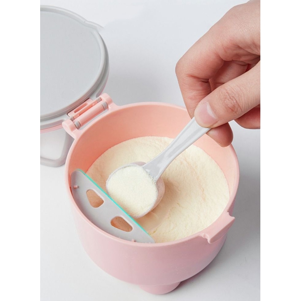 موزع مسحوق حليب الاطفال ، حاويه موزع مسحوق حليب الاطفال المحموله بمقبض وملعقه (وردي) 
