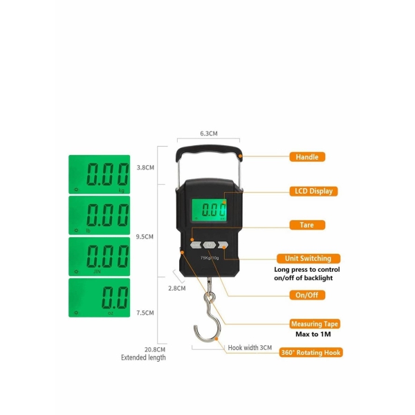 Portable Scales 75kg 165lb Portable Digital Luggage Scale with Tape Measure, Electronic Travel Weighing Scales for Hanging Suitcase (Temperature Reading) 
