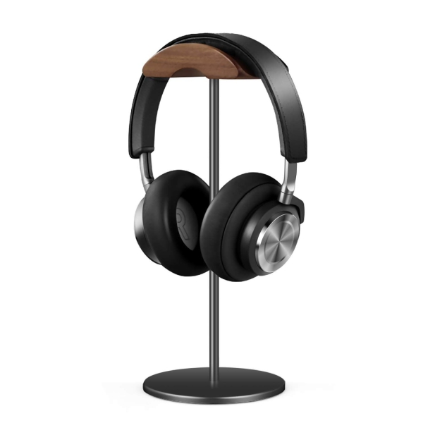 Headphone Stand, Walnut Wood Aluminum Headset Stand, Nature Walnut Gaming Headset Holder with Solid Heavy Base for All Headphone Sizes Desktop Storage Rack (Black) 