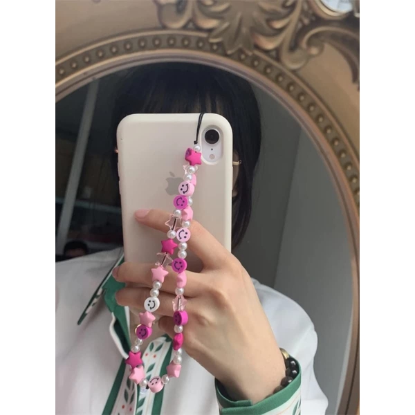 Smiley Face Beaded Phone Lanyard Wrist Strap Handmade Rainbow Polymer Clay Acrylic Beads Pearl Bracelet Keychain for Women 
