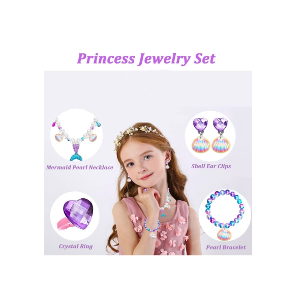 Mermaid Jewelry, SYOSI Crown Necklace Bracelet Earrings Ring Birthday Gift Kids Jewelry for Girls Mermaid Party Decorations 6 Sets 