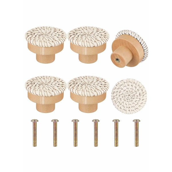 Wooden Drawer Knobs, Rattan Dresser Knobs Round Handmade Wicker Woven and Screws for Boho Furniture Knobs Cabinets Dresser Handles Hardware Pulls Cabinet Knobs (Wood Color (35x30mm)) 