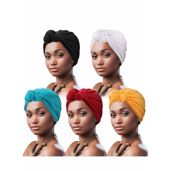 Turbans for Women 5 Pcs Knotted Headwraps Soft Pre Tied Knot Fashion Pleated Turban Cap Beanie Headwrap Sleep Hat 