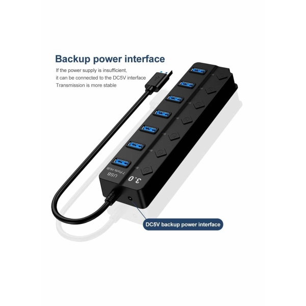 Powered USB Hub 3.0, 7 Ports USB Charging Extender Data Hub Splitter Extension, with Individual Switches and Lights for Laptop, PC, Computer, USB Devices Super Compatible, 5Gbps Data Transfer Speed 