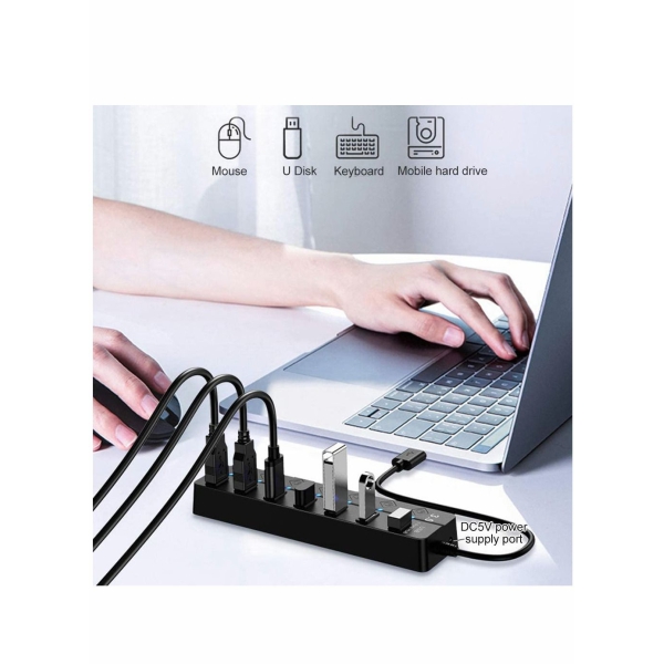 Powered USB Hub 3.0, 7 Ports USB Charging Extender Data Hub Splitter Extension, with Individual Switches and Lights for Laptop, PC, Computer, USB Devices Super Compatible, 5Gbps Data Transfer Speed 