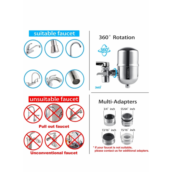 Water Filter, Stainless-Steel Faucet Purifier, Mount Filtration System, Tap Reduce Chlorine, Heavy Metals and Bad Taste, 320G Long Lasting 