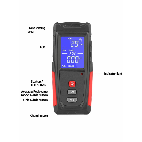 EMF Meter, Portable Digital Radiation Detector, Handheld EMF Detector for Home Outdoor, Electric Magnetic Field Ghost Detector - LED Light Sound Alarm Black (1-1999V m, 0.01-99.99μT) 