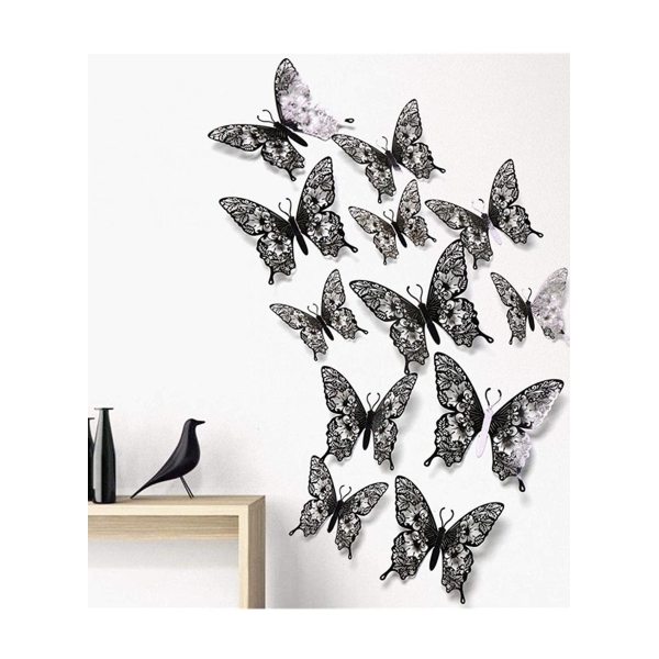 SYOSI 12Pcs Attractive 3D Hollow Design Shiny Paper Butterfly 3 Sizes Removable DIY Romantic Home Decor for Kids Bedroom Living Room 