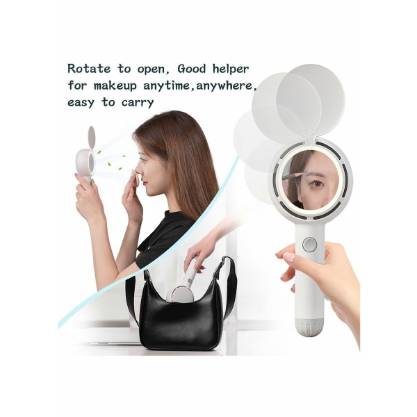 Portable Handheld Fan, Mini Handheld Small Fan with LED Light Makeup Mirror, USB Rechargeable Battery Operated Hand Fan 3 Speeds Adjustable Desk Fan with Base for Women Man Home Office Outdoor Travel 