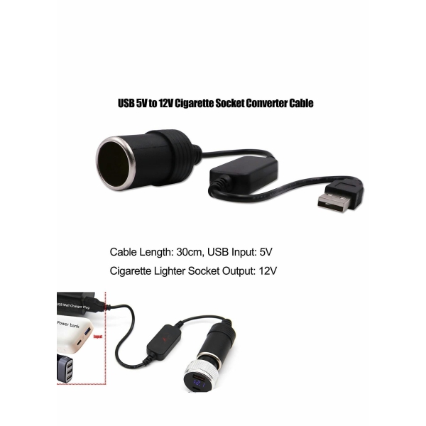 USB to 12V Car Cigarette Lighter Socket, Step-Up Converter Cable Inverter 