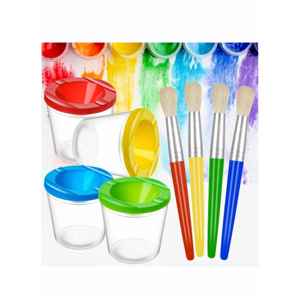 4 Pack Spill-Proof Paint Cups Set, Children s No Spill Paint Cups with Paint Brushes and Lids, Easy to Clean Colorful Kids Painting Tools, Perfect for Watercolor, Washable, Acrylic Paint 