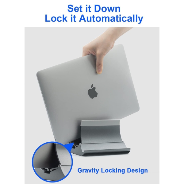 Vertical Laptop Stand, 4 in 1 Laptop Stand with Gravity Locking Laptop Holder Dock for Table Desktop Organizer and Desk Storage, Fits All MacBook, iPad, Dell, Gaming Laptops, Gray 