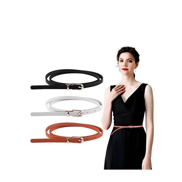 Women Skinny Leather Belts, 3 PCS Thin Jean Waist Belt, with Metal Buckle Solid Color Patent with Alloy for Jeans Dress Fashion 
