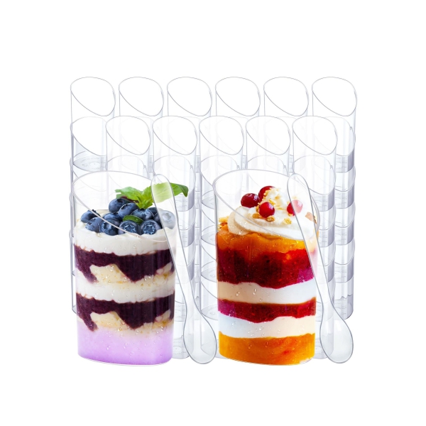 Plastic Dessert Cups with Spoons, 100 Pcs Mini Mousse Cups Disposable Hard Plastic Transparent Ice Cream Dessert Cups Square Tilted Parfait Cups Suitable for Parties, Holiday Parties, Birthdays, Etc. 