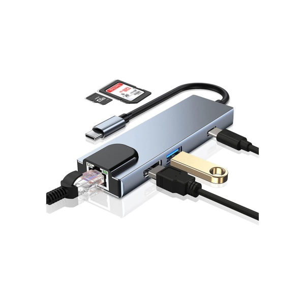 USB C Hub محول من النوع C متعدد المنافذ 6 في 1 مع منفذ ايثرنت منفذ بيانات 3.0 متوافق مع اجهزه MacBook Pro Chromebook XPS USB C 