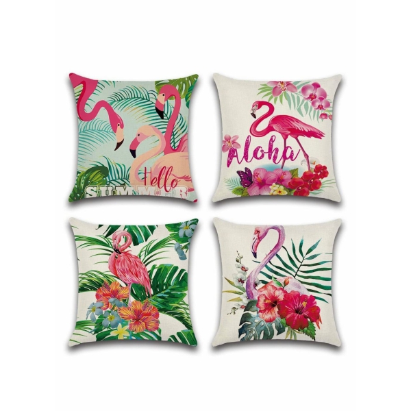 Throw Pillow Covers Set of 4 Flamingo Pattern Tropical Flower Leaves Cotton Linen Cushion Pillow Cases Covers for Bed Chair Couch Sofa Bedroom Living Room Home Decor (18x18 inch, 4 Kinds of Patterns) 