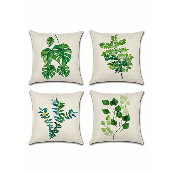 Tropical Plant Theme Pillowcase, 18 x 18 Inches, Green Leaves Pattern Waterproof Cushion Covers, Perfect to Outdoor Patio Garden Living Room Sofa Farmhouse Decor (Set of 4) 