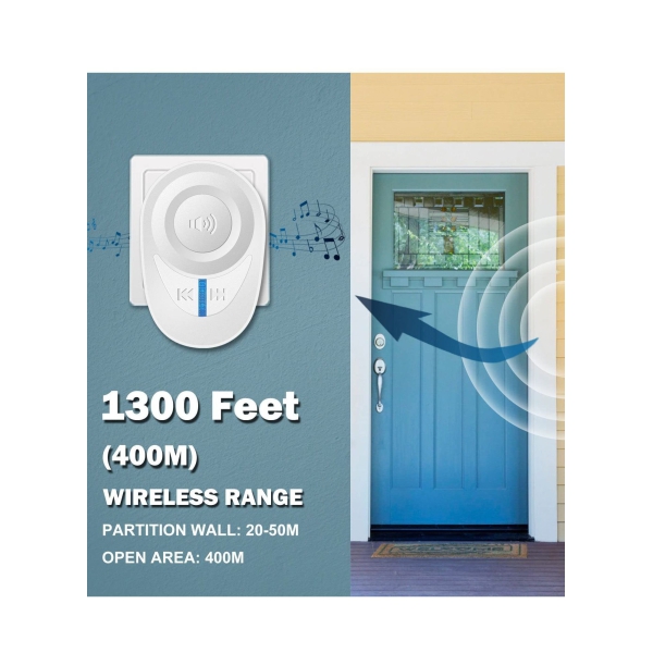 Wireless Doorbell, Waterproof Doorbell Kits - Door Chime at 1000 Ft of Open Range, 48 Melodies, 85dB Alarm Tone, 5 Level Volume and Led Flash for Home, Office, Shop (White) 