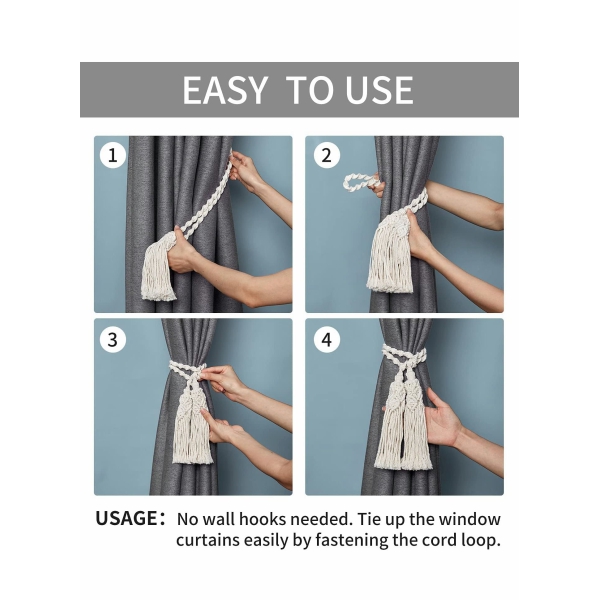 Curtain Tiebacks,Rope Hand Woven Natural Cotton Rope Decorative Tassel Curtain Holdbacks for Curtains and Draperies(Two Tassels)-2Pack 